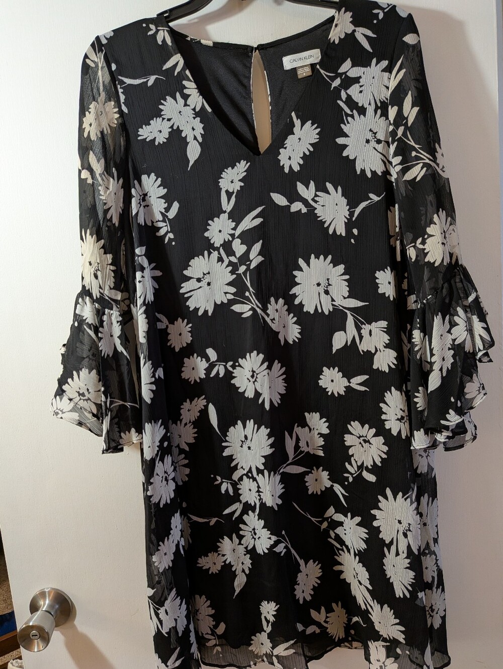 Calvin Klein Black and White Floral Chiffon Dress